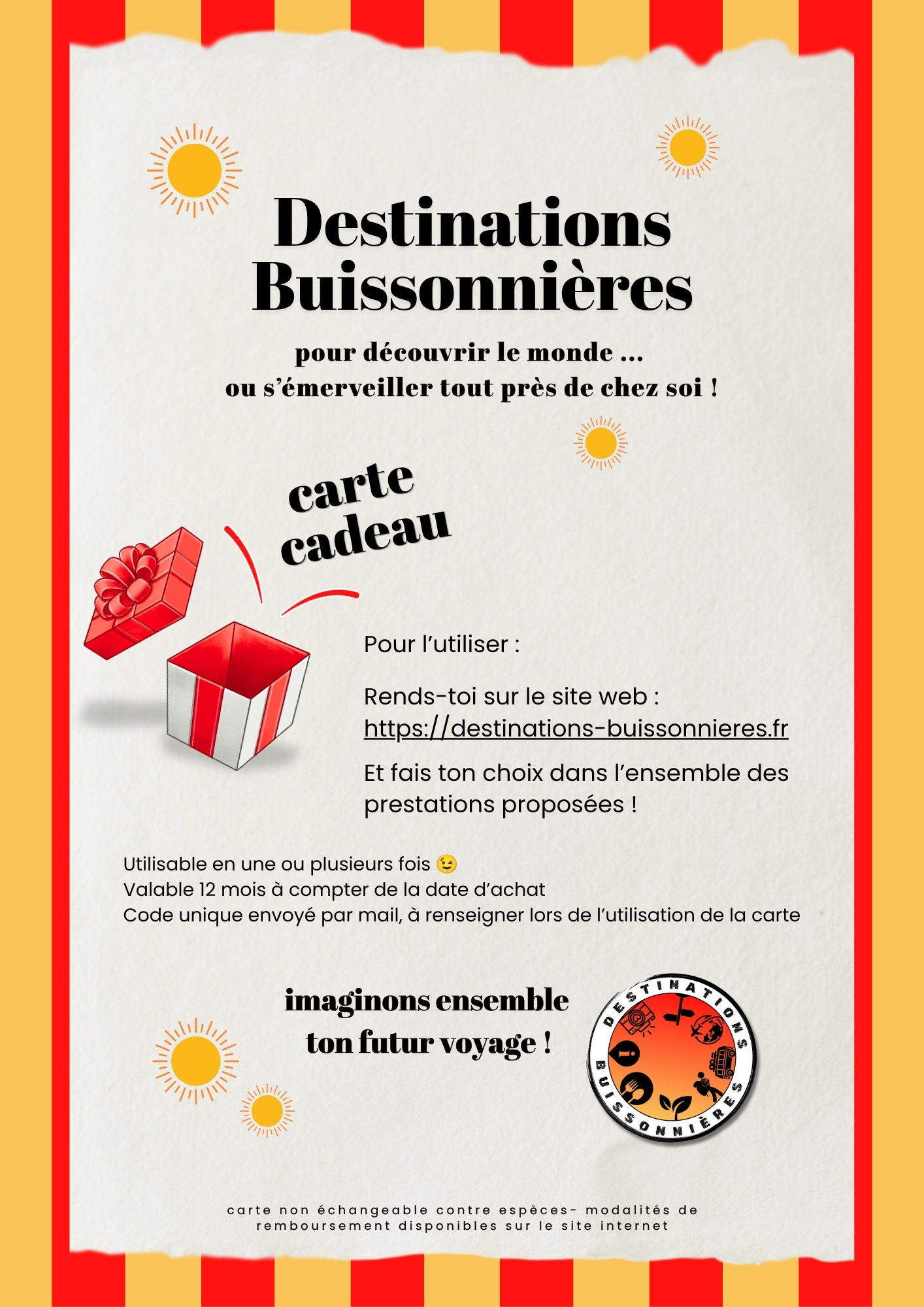 Carte cadeau officielle Destinations Buissonnières pour offrir un guide de voyage ou une prestation sur mesure