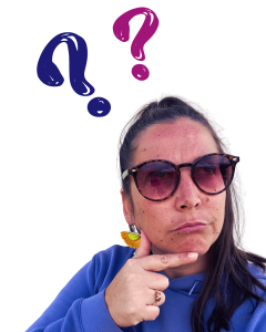 Elisa, travel planner en posture de questionnement avec deux points d’interrogation au-dessus de la tête