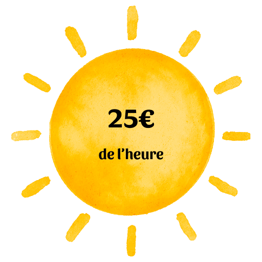 logo soleil illustrant le tarif de 25 € par heure pour la prestation de conseils et accompagnement personnalisé